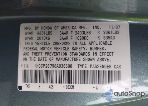 2008 Honda Accord 2.4 Ex z USA, uszkodzony, nr VIN 1HGCP26798A036608